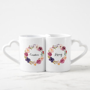 Rustic Boho Watercolor Floral Wreath Personalized Coffee Mug Set