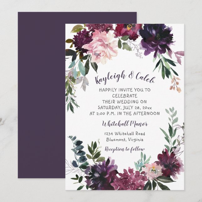 Rustic Boho Watercolor Floral Wreath Wedding Invitation (Front/Back)