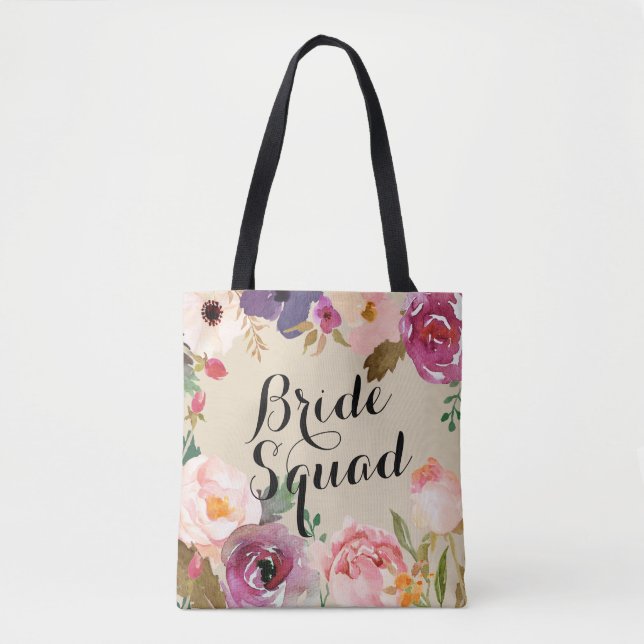Rustic Boho Watercolor Flowers Bride Squad Tote Bag (Front)