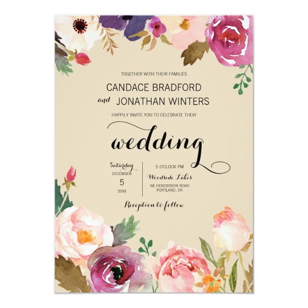 Rustic Boho Watercolor Flowers Wedding Invitation