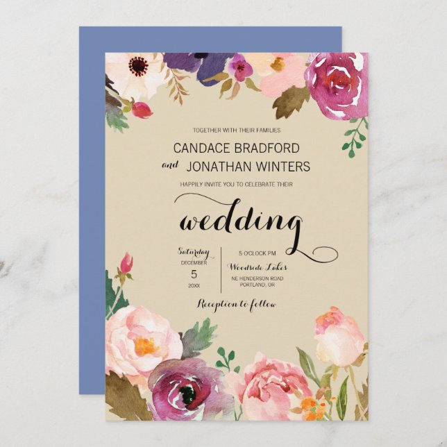 Rustic Boho Watercolor Flowers Wedding Invitation (Front/Back)