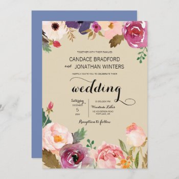 Rustic Boho Watercolor Flowers Wedding Invitation by kittypieprints at Zazzle