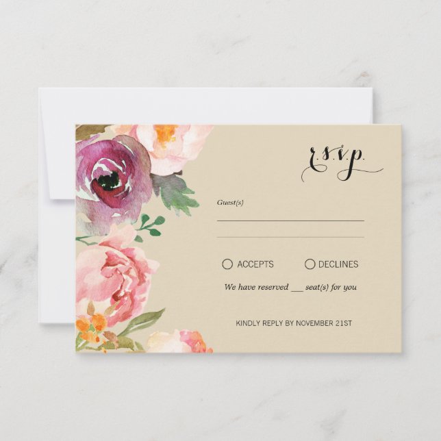 Rustic Boho Watercolor Flowers Wedding RSVP (Front)
