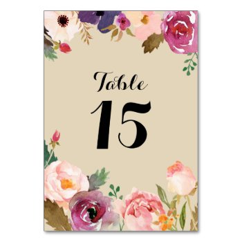 Rustic Boho Watercolor Flowers Wedding Table Number by kittypieprints at Zazzle