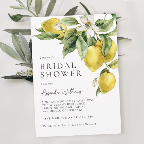 Rustic Boho Watercolor Lemons Bridal Shower Invitation