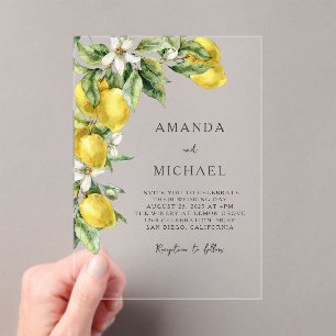 Rustic Boho Watercolor Lemons Citrus Wedding Acrylic Invitations