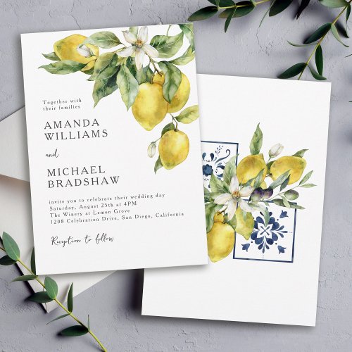 Rustic Boho Watercolor Lemons Citrus Wedding Invitation