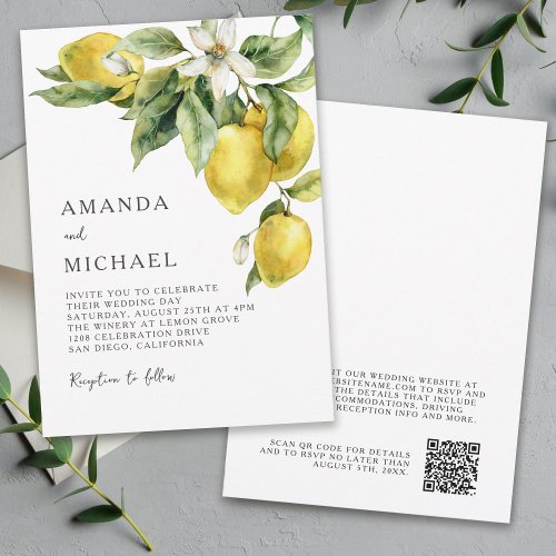 Rustic Boho Watercolor Lemons Citrus Wedding Invitation