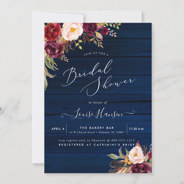 Rustic Boho Watercolor Marsala Peonies Blue Wood Invitation (Front)