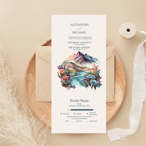 Rustic Boho Watercolor Mountain Wedding All In One All In One Invitation