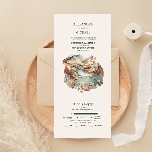 Rustic Boho Watercolor Mountain Wedding All In One Invitation