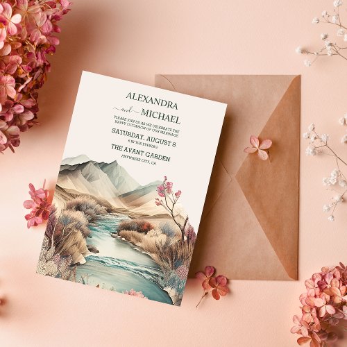 Rustic Boho Watercolor Mountain Wedding Invitation