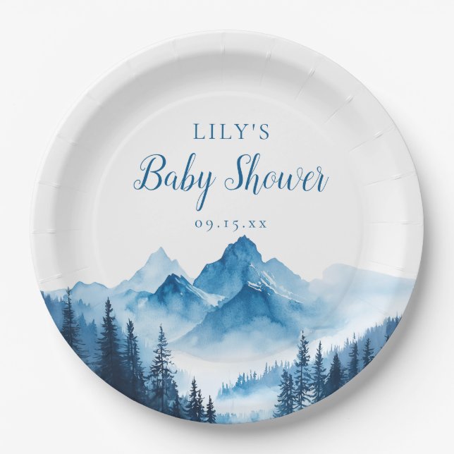 Rustic Boho Watercolor Mountains Baby Shower Paper Plates (Front)