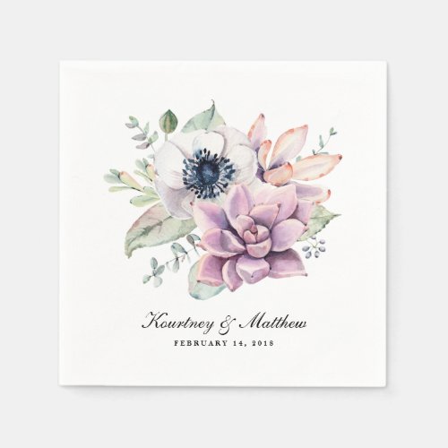 Rustic Boho Watercolor Succulent Floral Paper Napkins - Garden chic personalized wedding napkins featuring a succulent floral display and an elegant text template. Click on the “Customize it” button for further personalization of this template. You will be able to modify all text, including the style, colors, and sizes. You will find matching items further down the page, if however you can't find what you looking for please contact me. Perfect for weddings, birthdays, engagements, bridal showers, etc.