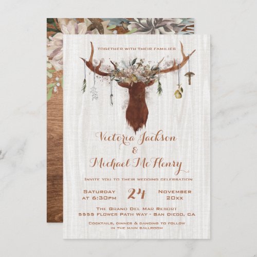 Rustic Boho Wedding Invitation with deer antlers