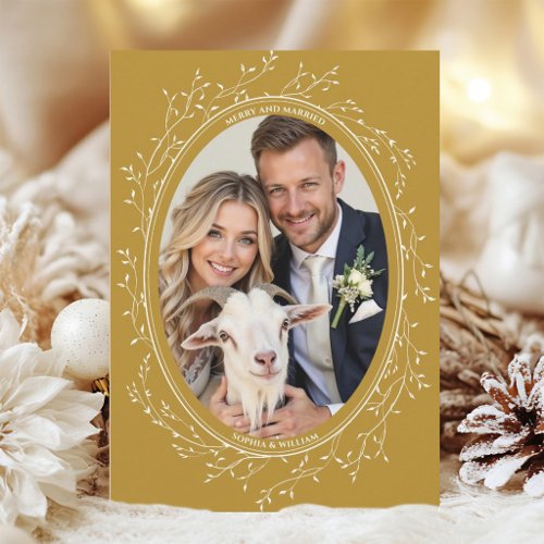 Rustic Boho Wedding Photo Merry and Married Gold Holiday Card