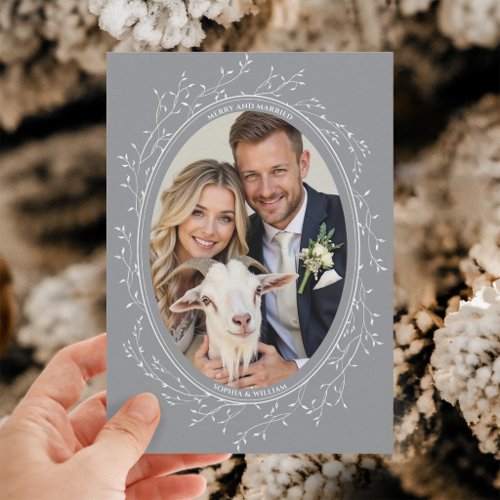 Rustic Boho Wedding Photo Merry and Married Gray Holiday Card