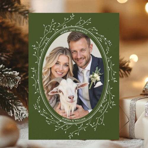 Rustic Boho Wedding Photo Merry and Married Green Holiday Card