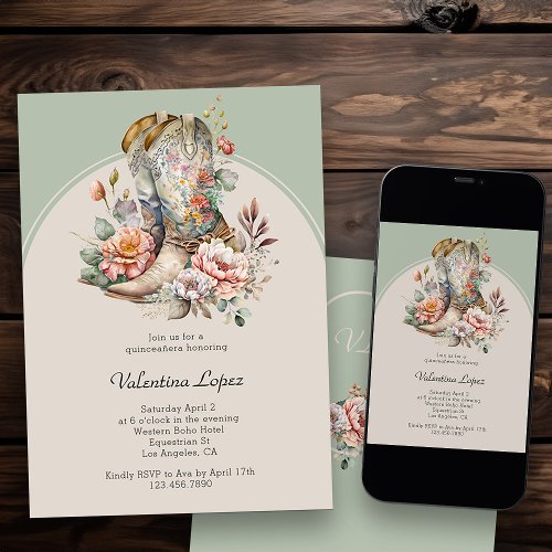Rustic Boho Western Boots Floral Quinceanera Invitation