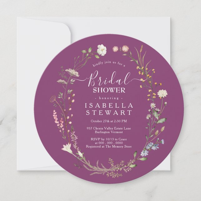 Rustic Boho Wildflower Berry Purple Bridal Shower Invitation (Front)