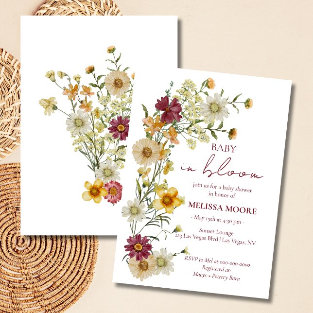 Rustic Boho Wildflower Burgundy Baby Shower Invitation (Creator Uploaded)