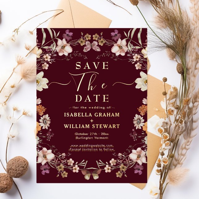 Rustic Boho Wildflower Burgundy Save The Date Foil Invitation (Creator Uploaded)