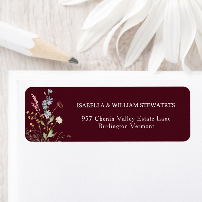 Rustic Boho Wildflower Chic Burgundy Bidal Shower Label (Insitu)