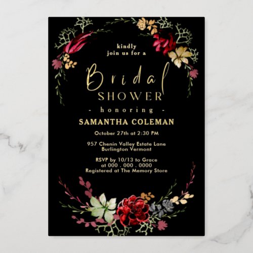 Rustic Boho Wildflower Elegant Black Bridal Shower Foil Invitation