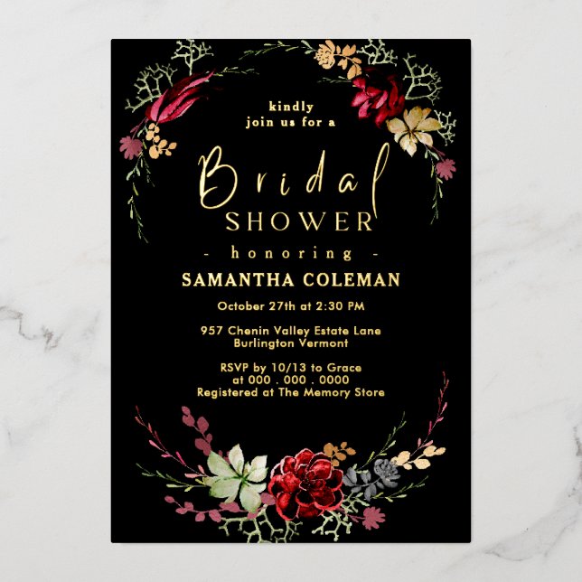 Rustic Boho Wildflower Elegant Black Bridal Shower Foil Invitation (Front)