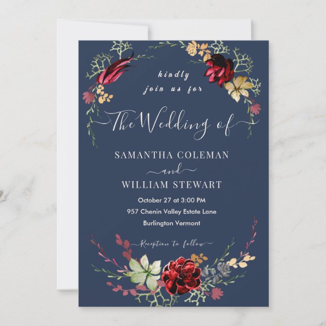Rustic Boho Wildflower Elegant Navy Blue Wedding Invitation (Front)