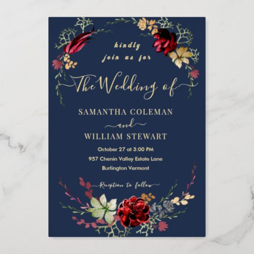 Rustic Boho Wildflower Elegant Navy Wedding Foil Invitation