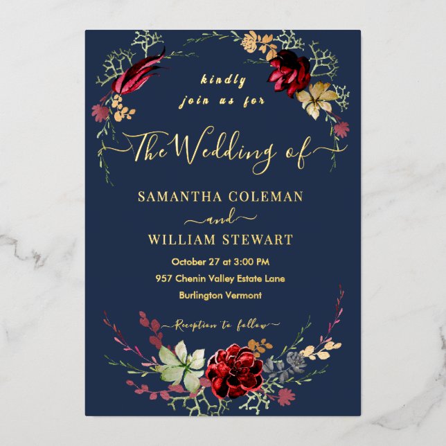 Rustic Boho Wildflower Elegant Navy Wedding Foil Invitation (Front)