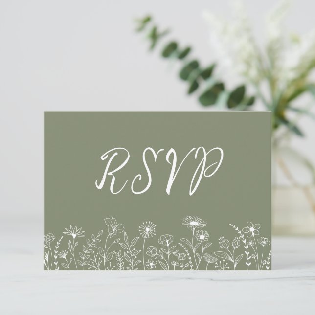 Rustic Boho Wildflower Floral Sage Green RSVP Card (Standing Front)