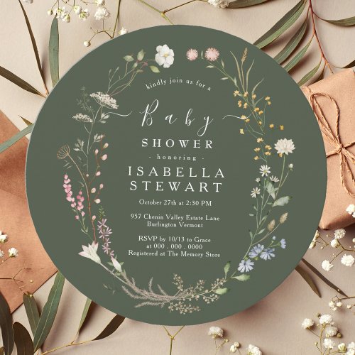 Rustic Boho Wildflower Forest Green Baby Shower Invitation