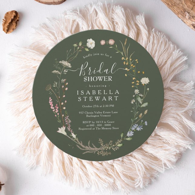 Rustic Boho Wildflower Forest Green Bridal Shower Invitation (Creator Uploaded)