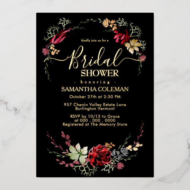 Rustic Boho Wildflower Modern Black Bridal Shower Foil Invitation (Front)