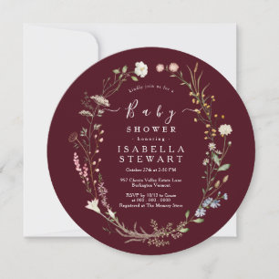Rustic Boho Wildflower Modern Burgundy Baby Shower Invitation