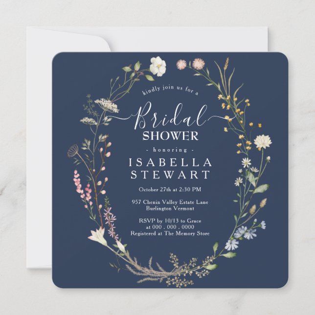 Rustic Boho Wildflower Navy Blue Bridal Shower Invitation (Front)