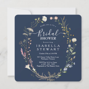 Rustic Boho Wildflower Navy Blue Bridal Shower Invitation