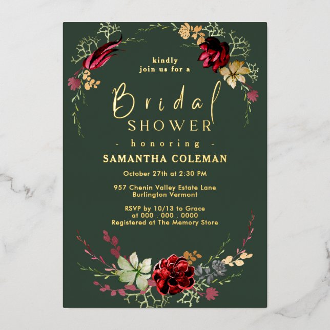 Rustic Boho Wildflower Royal Green Bridal Shower Foil Invitation (Front)