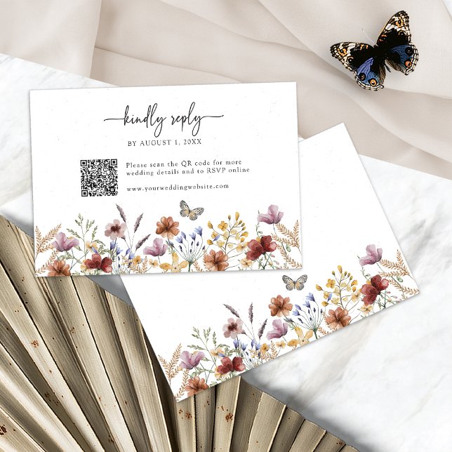 Rustic Boho Wildflower RSVP Card (White Rustic Boho Wildflower RSVP Card with QR Code Butterfly by Painted Paperie
)