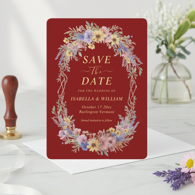 Rustic Boho Wildflower Save The Date Deep Red Invitation (Creator Uploaded)