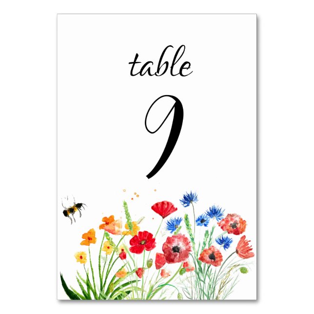Rustic Boho Wildflower Watercolor Floral Wedding Table Number (Front)