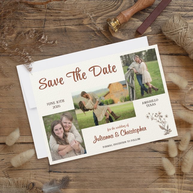 Rustic Boho Wildflowers 3 Photo Terracotta Save The Date (Creator Uploaded)