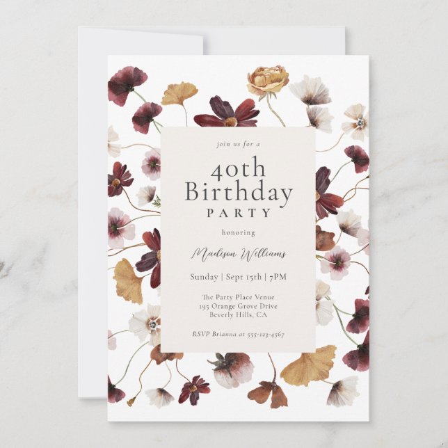 Rustic Boho Wildflowers 40th Birthday Party Invitation (Front)