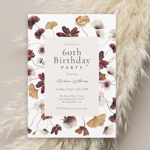 Rustic Boho Wildflowers 60th Birthday Party Invitation