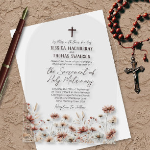 Rustic Boho Wildflowers Modern Catholic Wedding Acrylic Invitations