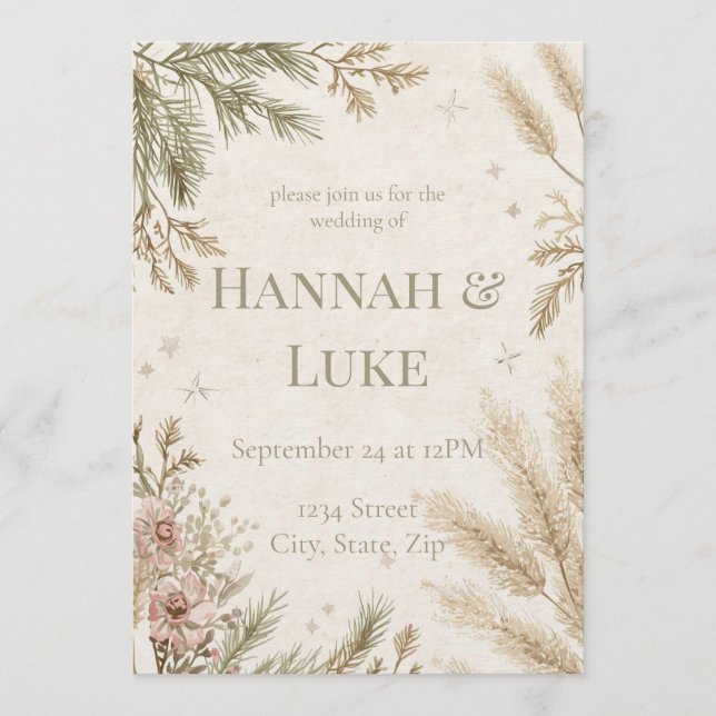 Rustic Boho Winter Wedding Invitation with Snow (Front)