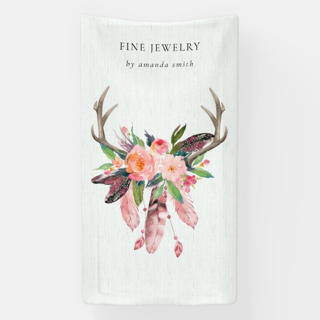 Rustic Boho Wood Floral Feather Antler Business  Banner (Vertical)