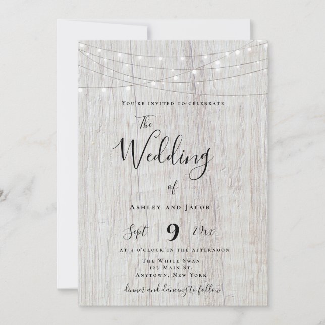 Rustic Boho Wood String Lights Wedding Invitations (Front)